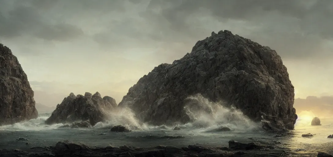 Image similar to octane render uhd, 8 k art photography, filmic lighting, cinematic art shot, hyperrealistic, hyperdetailed, super detailed, 8 k, high resolution, vast dark granite landscape with mysterious strangle glowing crystalline structure made of white rocks in the far distance, particle simulation, painting by ross tran and ivan aivazovsky, black water, sunset