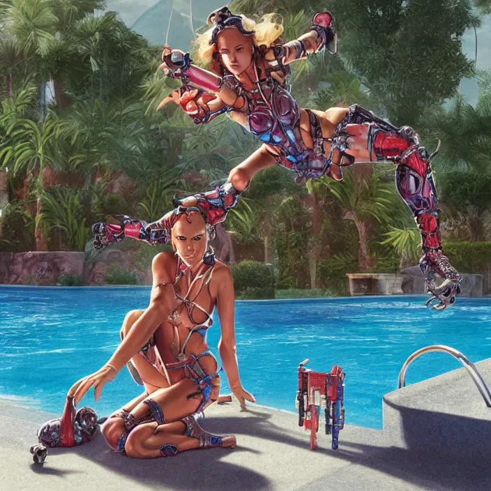 Prompt: miniature young woman sitting by the pool from the movie bill & ted's excellent pool party, fractal cyborg ninja background, 8 k, realistic, highly detailed, art by todd mcfarlane, artgerm, greg rutkowski, alphonse mucha, hajime sorayama