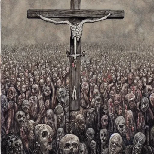 Prompt: a hyperrealistic painting of a large group of zombies watching the crucifixtion, by santiago caruso, highly detailed,