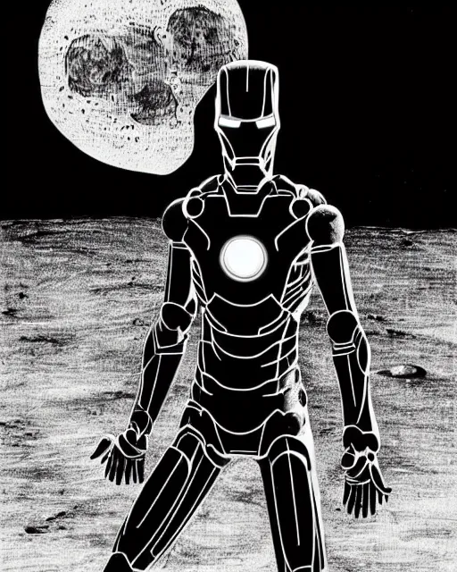 Image similar to black and white sad iron man with wires eat banana on hands on the destroed moon, wires earth background, by tsutomu nihei