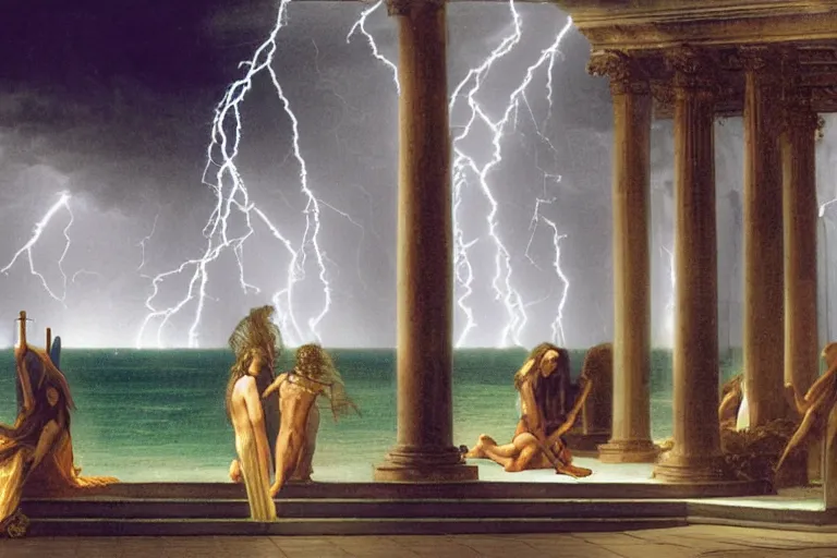 Image similar to Occult spirit on front of balustrade and palace columns, refracted lightnings on the ocean, thunderstorm, tarot cards characters, beach and Tropical vegetation on the background major arcana sky and occult symbols, by paul delaroche, hyperrealistic 4k uhd, award-winning, very detailed paradise