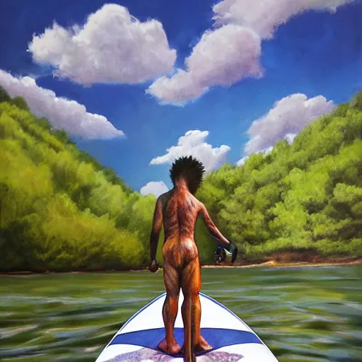 Prompt: a realistic oil paintig of a human - sized lemur on a stand up paddleboard floating down the middle of a river with cliffs on either side, digital art, highly detailed, landscape art, rule of thirds, summer lighting