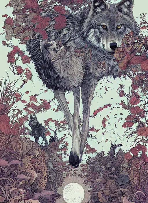 Image similar to a wolf in the garden by josan gonzalez, katsuhiro otomo, andrew ferez, rule of thirds, beautiful