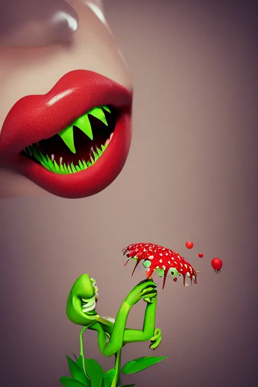 Image similar to hyperrealistic anthropomorphic cartoon 3 d unreal engine red and white polka dot venus fly trap shiny luscious lips slick wet tongue, cinematic lighting golden hour wedding photography