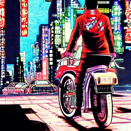 Image similar to kaneda on his bike in neo tokyo looking for akira, night, neon lights, speed, art by katsuhiro otomo