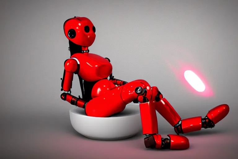 Image similar to a cute robot girl sitting on a cloud relaxing, red lighting, mist, blender render,