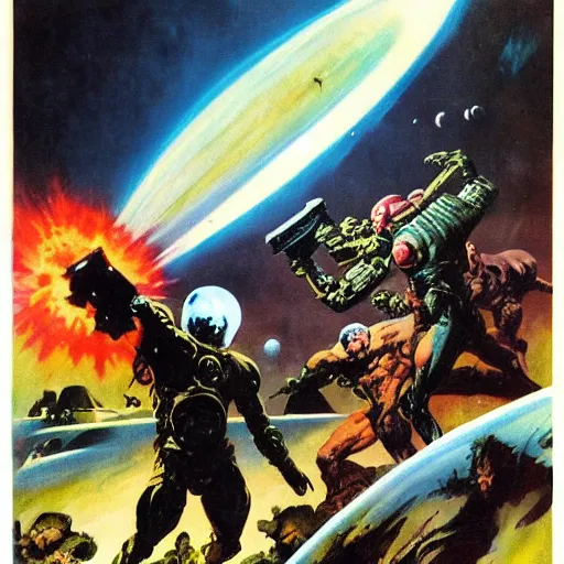 Image similar to visitors from outer space attack earth, the great fight, by Frank Frazetta