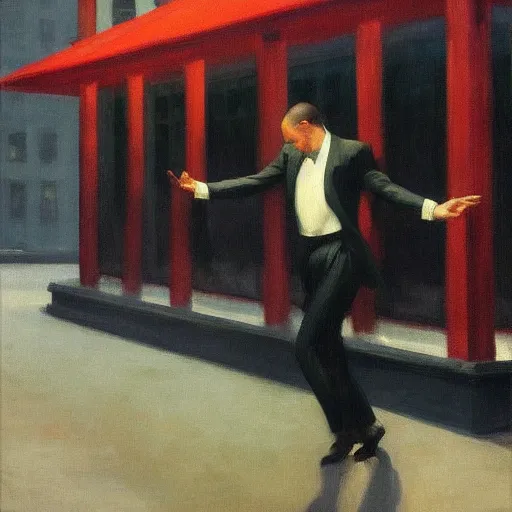 Image similar to man dancing in the rain, edward hopper, trending on artstation,