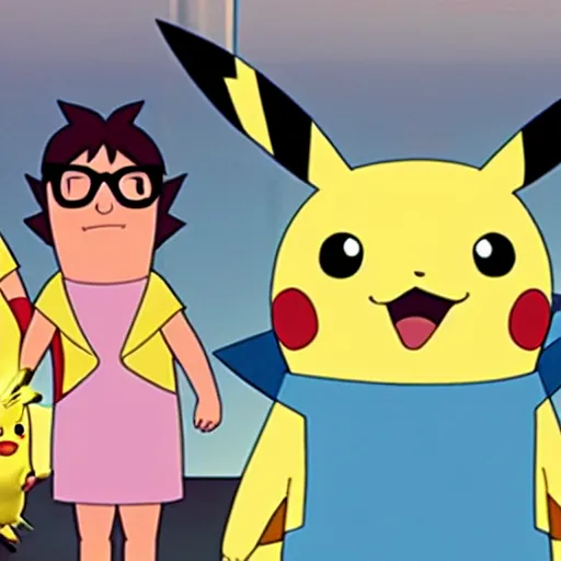 Image similar to epic movie poster summer blockbuster pikachu stars in bobs burgers