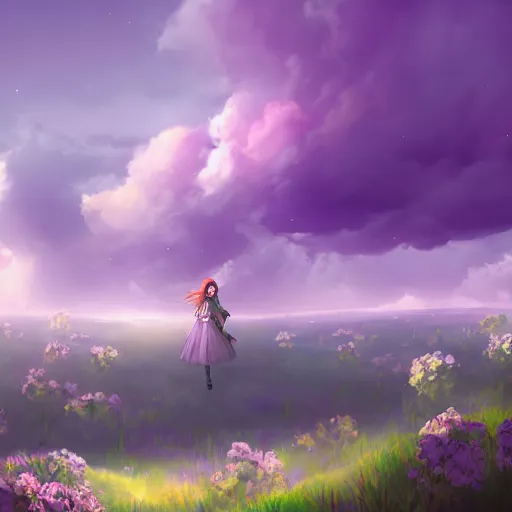 Image similar to landscape of an alice and wonderland themed landscape, purple clouds look the sky, dynamic lighting, fantasy concept art, trending on art station, stunning visuals, creative, cinematic, ultra detailed