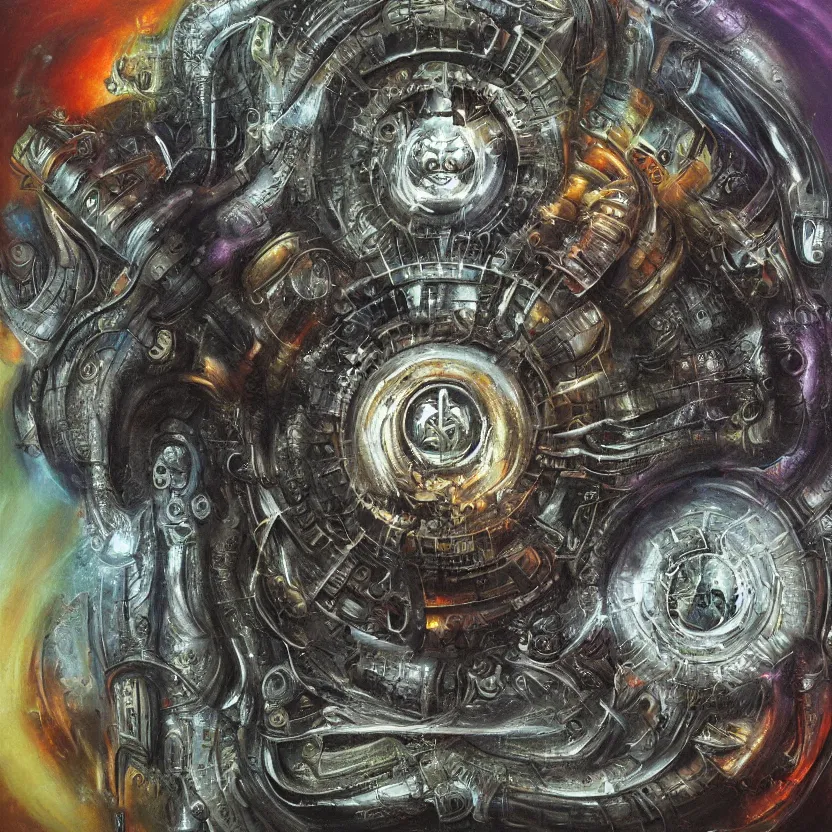 Image similar to biomechanical muladara chakra, volumetric shadows and lighting, concept art, psychedelic colors, realistic oil painting by h. r giger,