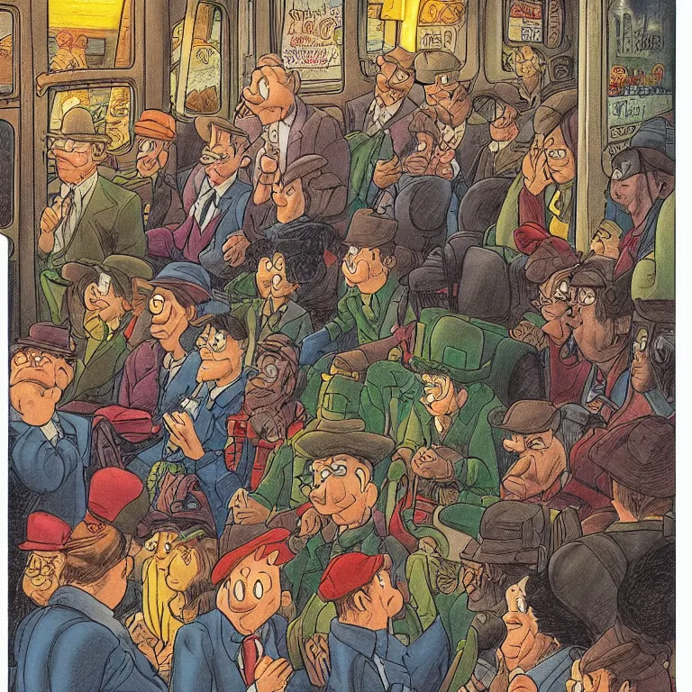 Image similar to some people waiting in bus stop in quiet dark city night, detailed, high quality, high resolution, color illustration by don rosa