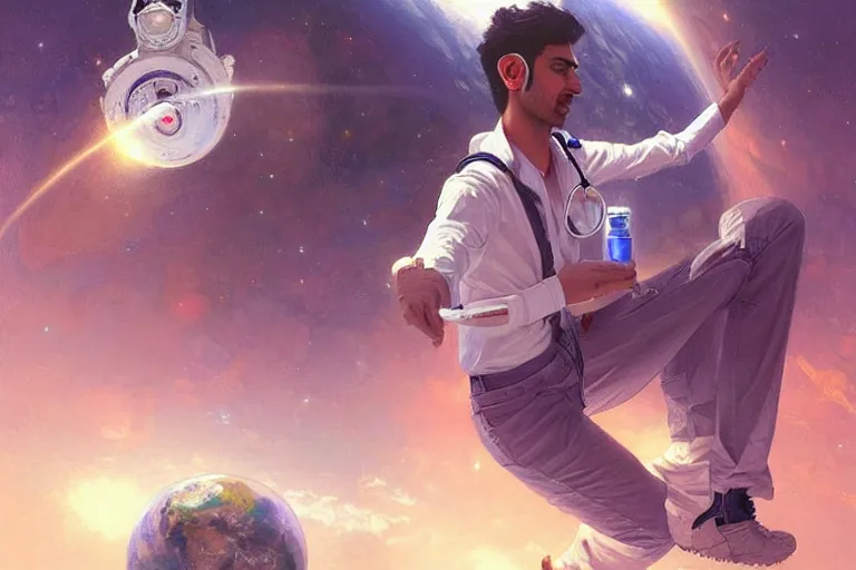 Image similar to Sensual good looking pale young Indian doctors wearing jeans in a space station above Earth, portrait, elegant, intricate, digital painting, artstation, concept art, smooth, sharp focus, illustration, art by artgerm and greg rutkowski and alphonse mucha