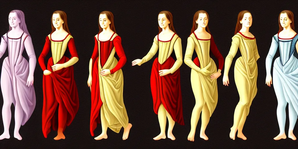 Image similar to walking animation sprite sheet of a girl in a renaissance dress, walking to the right, each sprite is a different frame of the animation