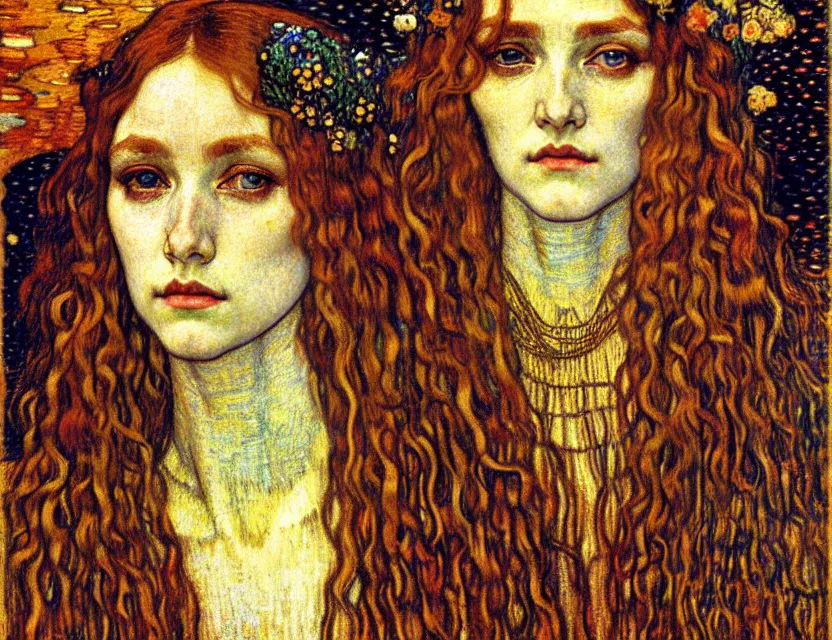 Image similar to detailed realistic beautiful young medieval queen face portrait by jean delville, gustav klimt and vincent van gogh, art nouveau, symbolist, visionary, gothic, pre - raphaelite, muted earthy colors, desaturated