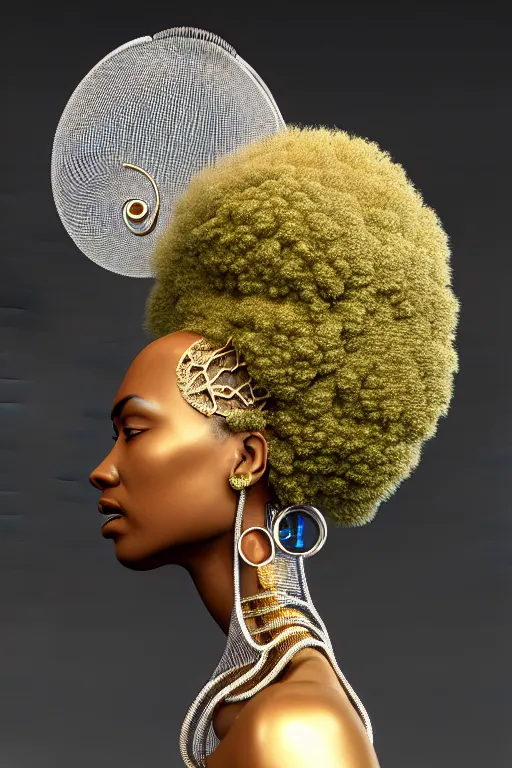 Prompt: complex 3d render ultra detailed of a beautiful porcelain profile afro woman face, earring, biomechanical cyborg, analog, 150 mm lens, beautiful studio soft light, rim light, silver brushed gold metal details, big leaves and stems, roots, fine foliage lace, mesh wire, Alexander Mcqueen high fashion haute couture, art nouveau fashion embroidered, steampunk, intricate details, hyper realistic, ultra detailed, mandelbrot fractal, anatomical, facial muscles, cable wires, microchip, elegant, octane render, H.R. Giger style, volumetric lighting, 8k post-production