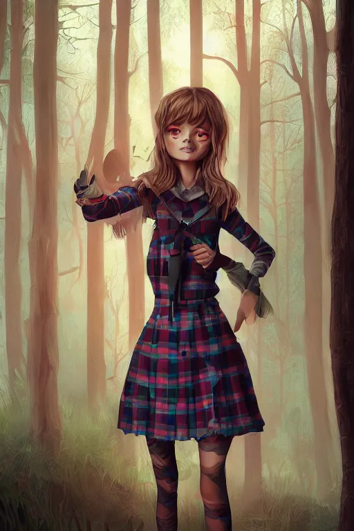 Prompt: sarah humpfrey as a girl in a dark forest, detailed plaid miniskirt, beautiful upper body, detailed face, by dan mumford, anime style, octane render, trending on artstation