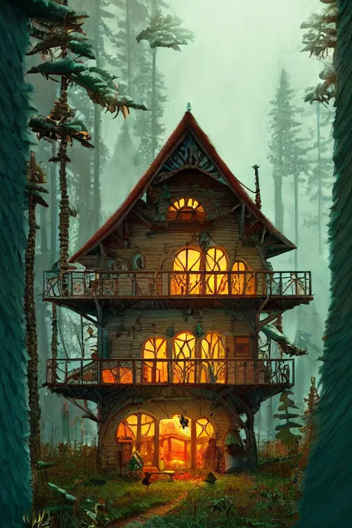 Prompt: a shot from a wes anderson movie of a storybook style ramshackle multistory fairytale hut in the forest, intricate, elegant, fantasy, highly detailed, digital painting, concept art, sharp focus, artstation