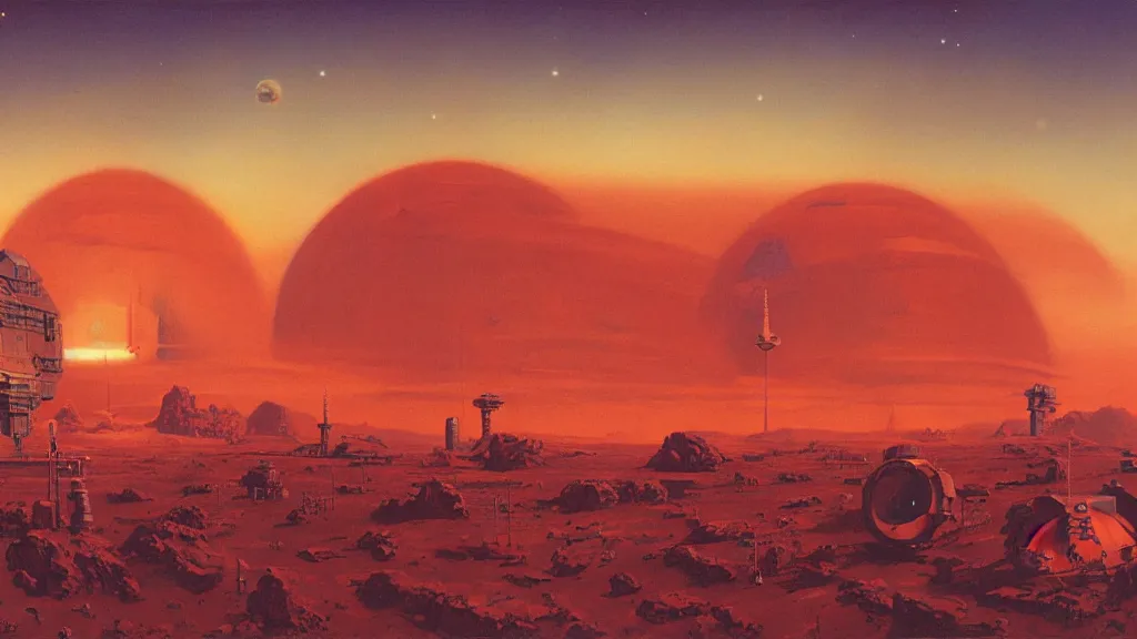 Image similar to mars colony by paul lehr and john schoenherr, cinematic matte painting