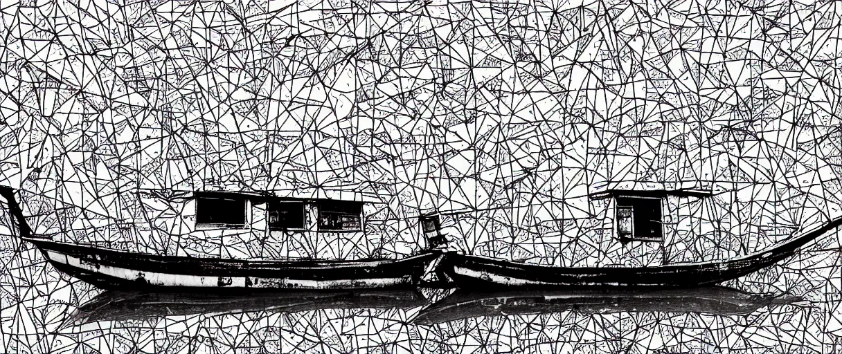 Image similar to a lone abandoned boat at dungeness, in the style of daniel johnston and outsider art, 8 k, line brush, overlaid with chinese adverts