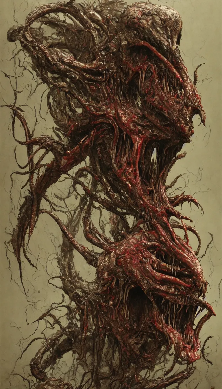 Prompt: horrific monstrosity birthed by a Fleshy Carrion tea xenomorph and the Devil’s wit with a bloody exterior and sharp teeth protruding out of every aspect of the body, volumetric lighting, extremely detailed, hyperrealism, 8k resolution, cinematic masterpiece with dark undertones, in the style of Zdzisław Beksiński