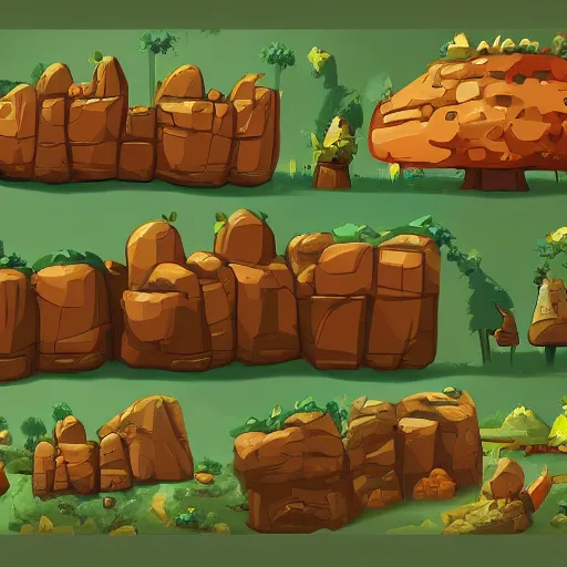 Prompt: A game assets spritesheet by dofus by Nadezhda Tikhomirova and WLOP,. HD vector Containing modular props, terrain, trees, 2d side view, platform, vector art, very detailed