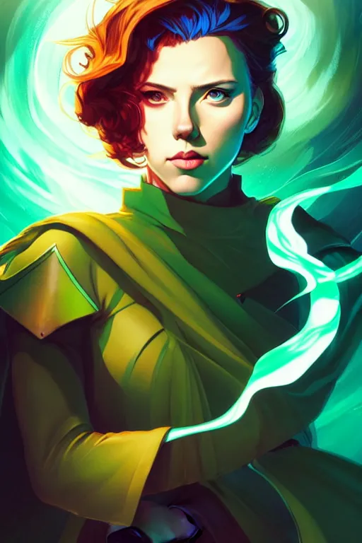 Image similar to style artgerm, joshua middleton, illustration, scarlett johansson as mage wearing green pelt light armor, anime eyes, blue hair, swirling water cosmos, fantasy, dnd, cinematic lighting