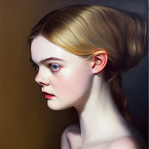 Prompt: Elle Fanning in the style of Paola Vetri, head and shoulders portrait, stormy weather, extremely detailed masterpiece, oil on canvas, low-key neon lighting, artstation, Beyond the Black Rainbow, Roger Deakin’s cinematography, by J. C. Leyendecker and Peter Paul Rubens and Edward Hopper and Michael Sowa,