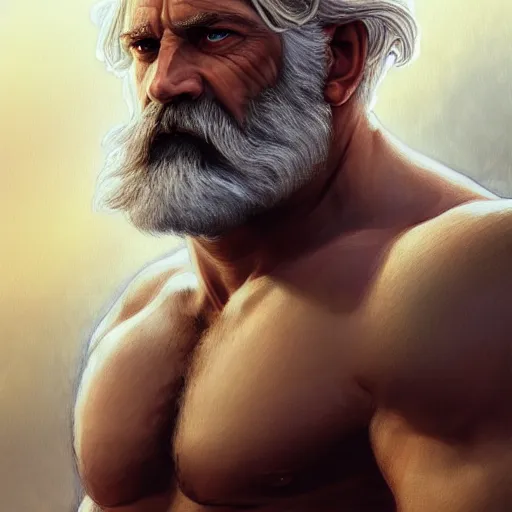 Image similar to half body portrait of rugged zeus, greek god, 4 0 years old, handsome, white hair, soft hair, upper body, muscular, hairy torso, fantasy, intricate, elegant, highly detailed, digital painting, artstation, concept art, smooth, sharp focus, illustration, art by artgerm and greg rutkowski and alphonse mucha