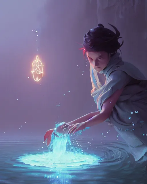 Image similar to highly detailed vfx portrait of a mage casting a water spell, unreal engine, greg rutkowski, loish, rhads, beeple, makoto shinkai and lois van baarle, ilya kuvshinov, rossdraws, tom bagshaw, alphonse mucha, global illumination, detailed and intricate environment