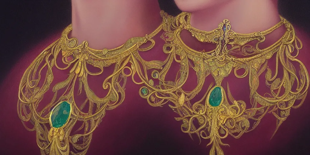 Image similar to highly detailed oil painting, art nouveau, ornate, delicate, brilliant magical gemstones choker, around a neck, octane render, realistic, dramatic light,