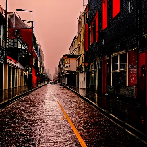 Prompt: a rainy urban street at night, lit by moody orange streetlights, at the end of dusk