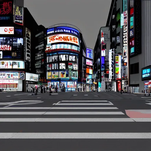 Prompt: scene of shibuya at night in tokyo, 1 9 9 0 s render. ray traced.