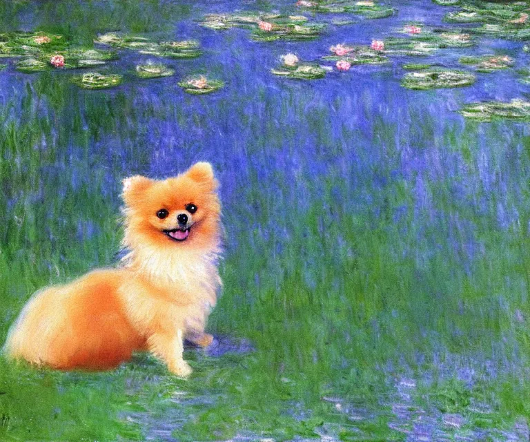 Image similar to pomeranian, cute, monet, oil painting