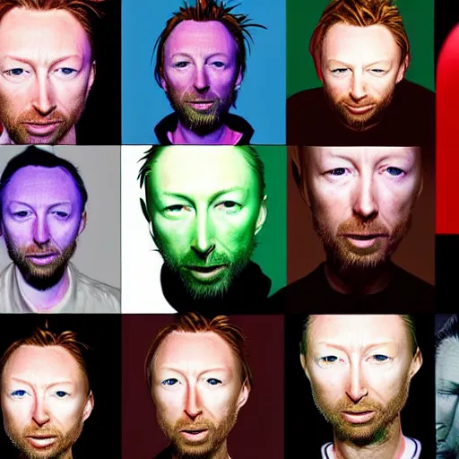 Image similar to overlapping sprite sheets of thom yorke, hyper realistic, many variations of thom yorke, face variations, various emotions, various poses, high quality photographs, mixed styles intricate details, beautiful lighting