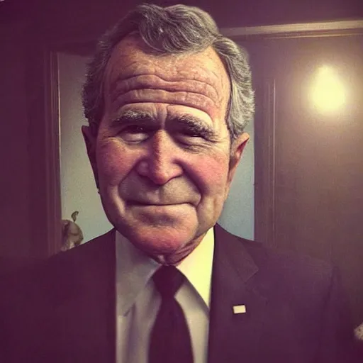 Image similar to “ hey you, you ’ re finally awake scene from skyrim, except it ’ s george bush who wakes you up. ”