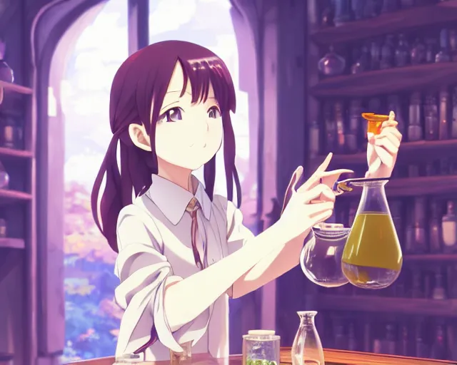 Image similar to anime visual, portrait of a young female traveler drinking a potion in a alchemist's shop interior, cute face by yoh yoshinari, katsura masakazu, cinematic lut, cool studio lighting, dynamic pose, dynamic perspective, strong silhouette, anime cels, ilya kuvshinov, cel shaded, crisp and sharp, rounded eyes, moody