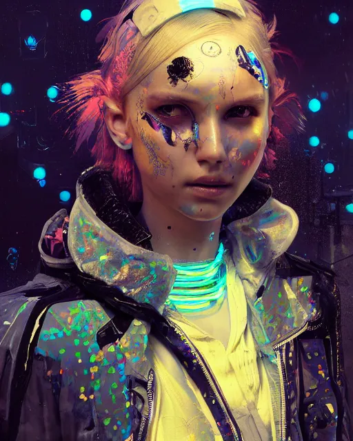 Image similar to detailed portrait Young Gangster Girl cyberpunk futuristic (neon) corporate styled hair Reflective holographic puffy cybernetic coat, decorated traditional ornaments by Carl Spitzweg ismail inceoglu dragan bibin hans thoma greg rutkowski Alexandros Pyromallis Nekro illustrated Perfect face, fine details, realistic shaded, fine-face, pretty face