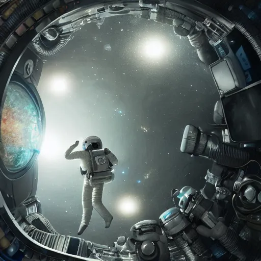 Image similar to an epic portrait of an astronaut entering the micro realm of the microscopic multiverse, cinematic lighting, under a microscope, Artstation, highly detailed, insane detailed