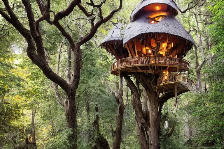 Prompt: an elaborate whimsical treehouse built on the top of a large canyon, hyperdetailed photograph