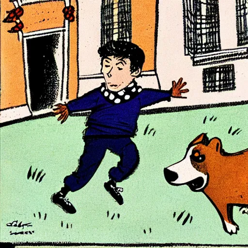 Image similar to illustration of french boy on the streets of paris playing football against a corgi, the dog is wearing a polka dot scarf, comic, 1 9 6 3