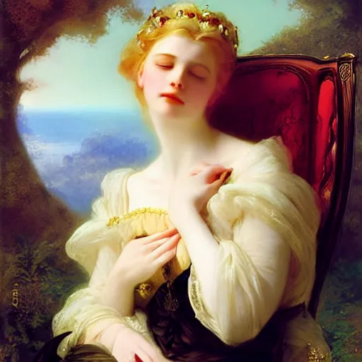 Image similar to blonde beautiful sleeping princess by Franz Xaver Winterhalter and Delphin Enjolras and Rebecca Guay