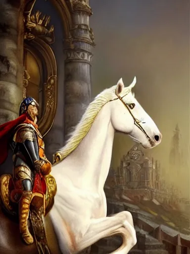 Image similar to a olimpic hero from ancient times, entering triunphantly a city mounted in a white horse. full of pride. victorirous. prideful.. intricate, elegant, highly detailed, digital painting, artstation, concept art, sharp focus, illustration, by justin gerard and artgerm, 8 k