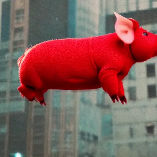 Image similar to pig in a red sweater flying in a cyberpunk city