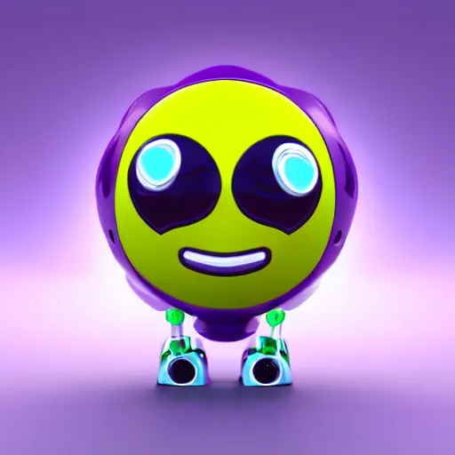 Prompt: high quality 3 d render made with blender of a small happy emoji piloting a colourful toy robot robot. the background is a purple gradient