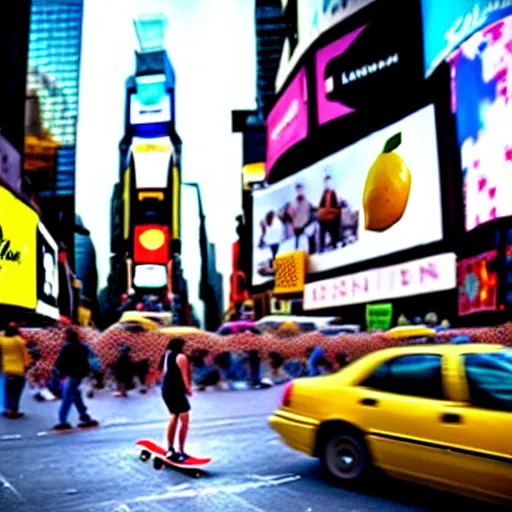 Image similar to a cool lemon riding a skateboard in times square new york