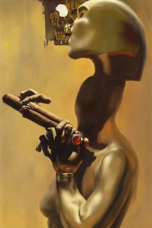 Image similar to An android smoking a cigar, by Frank Frazetta, cyberpunk, Trending on Artstation, highly detailed,