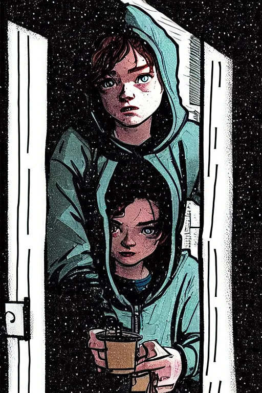 Image similar to outdoors : sadie sink peter parker in hoodie sits on windowsill, knees tucked in | rain falls at night : storyboard, scifi cyberpunk. by gabriel hardman, joe alves, chris bonura. cinematic atmosphere, detailed and intricate, perfect anatomy