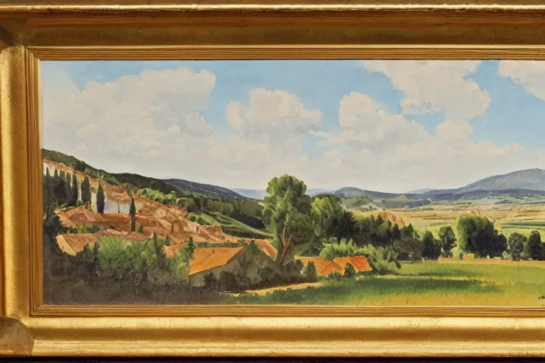 Prompt: Masterpiece of a large Provence landscape, country side and small town, gouache, by Jean Hugo