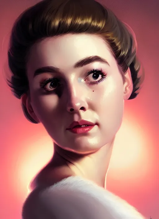 Image similar to portrait of betty cooper with fluffy bangs, bangs, 1 9 6 0 s, ponytail, curly bangs and ponytail, rounder face, intricate, elegant, glowing lights, highly detailed, digital painting, artstation, concept art, smooth, sharp focus, illustration, art by wlop, mars ravelo and greg rutkowski